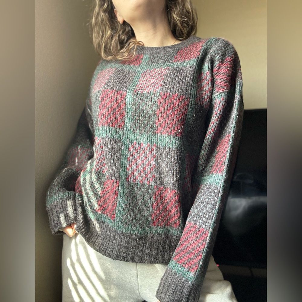 Vintage Chunky Wool Knit Grandpa Sweater Sz L Made in Italy Plaid Print Boxy